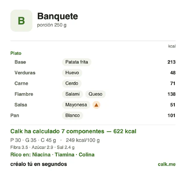 Ficha de Calk, versión más calórica de Banquete: 249 kcal por 100 g, proteínas/grasas/hidratos 20/51/30
