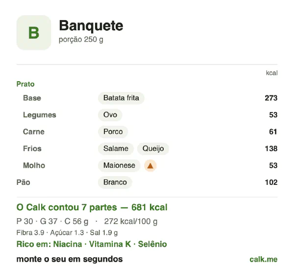 Cartão do Calk para a versão mais calórica de Banquete: 272 kcal por 100 g, proteína/gordura/carboidratos 17/50/33