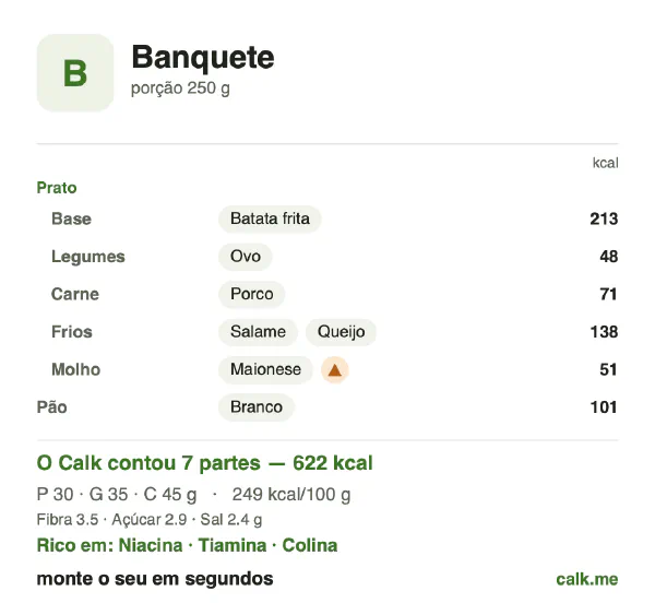 Cartão do Calk para a versão mais calórica de Banquete: 249 kcal por 100 g, proteína/gordura/carboidratos 20/51/30