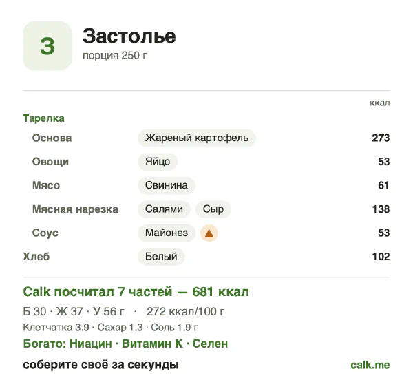 Карточка «Застолье» в Calk — более калорийный вариант: 272 ккал на 100 г, белки/жиры/углеводы 17/50/33