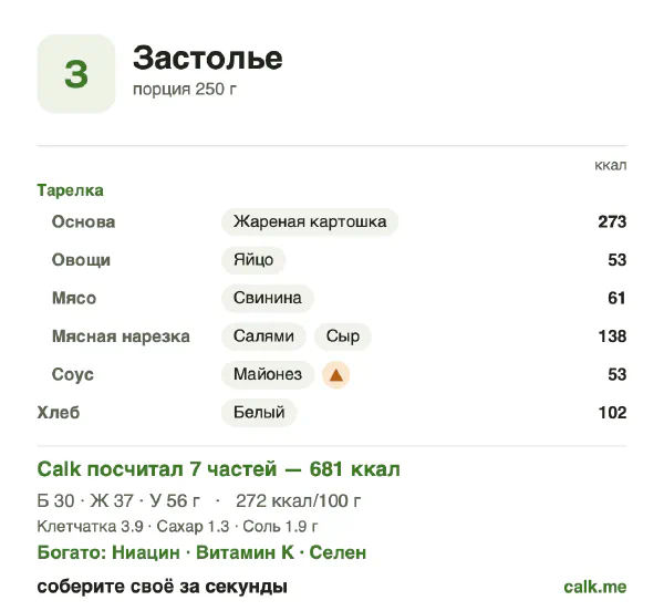 Карточка Calk, более калорийный вариант Застолье: 272 ккал на 100 г, белки/жиры/углеводы 17/50/33