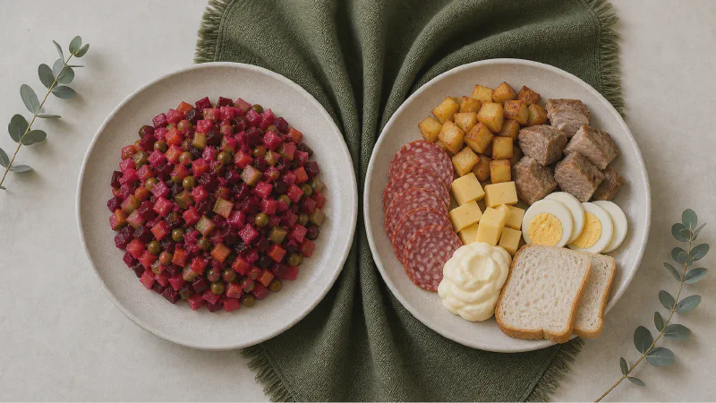 Banquet plate: lower- and higher-calorie Calk versions side by side
