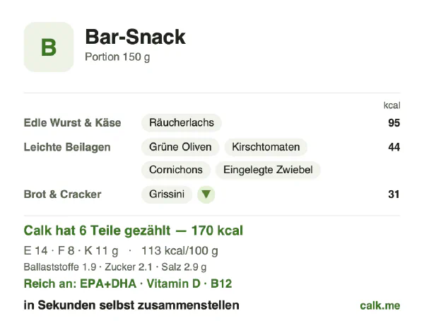 Calk-Karte für die kalorienärmere Variante von Bar-Snack: 113 kcal pro 100 g, Eiweiß/Fett/Kohlenhydrate 33/42/25