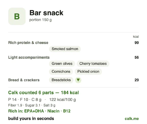Lower calorie Calk card for Bar snack: 122 kcal per 100 g, protein/fat/carbs 31/51/18