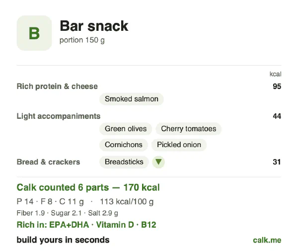 Lower calorie Calk card for Bar snack: 113 kcal per 100 g, protein/fat/carbs 33/42/25
