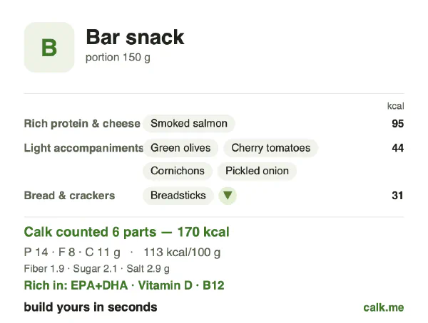 Lower calorie Calk card for Bar snack: 113 kcal per 100 g, protein/fat/carbs 33/42/25