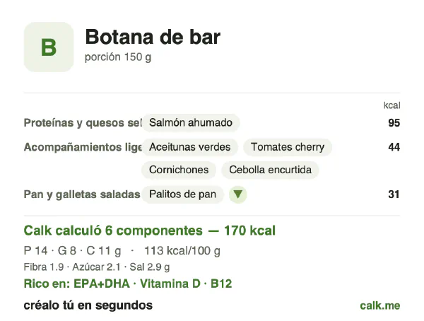 Tarjeta de Calk, versión menos calórica de Snacks de bar: 113 kcal por 100 g, proteínas/grasas/carbohidratos 33/42/25