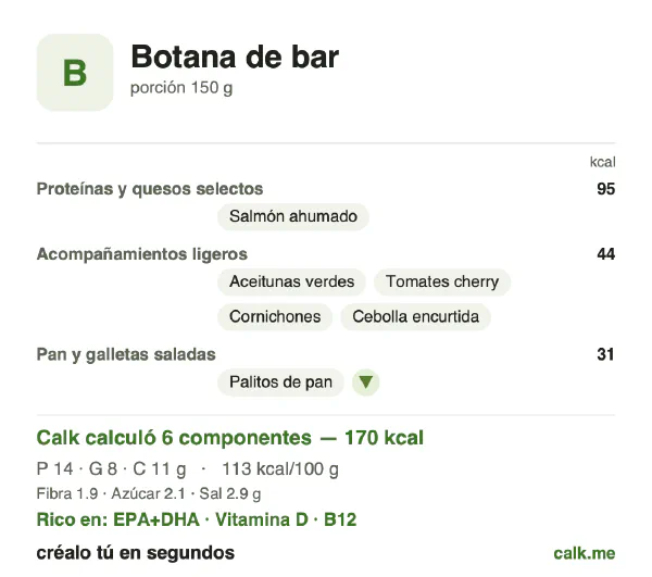 Tarjeta de Calk, versión menos calórica de Snacks de bar: 113 kcal por 100 g, proteínas/grasas/carbohidratos 33/42/25