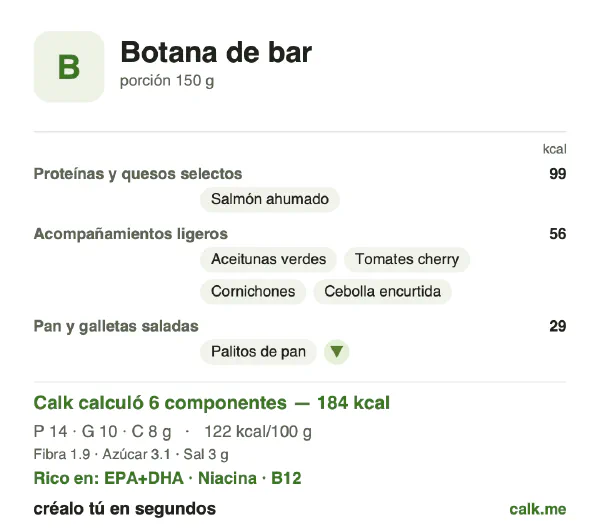 Tarjeta de Calk, versión menos calórica de Snacks de bar: 122 kcal por 100 g, proteínas/grasas/carbohidratos 31/51/18