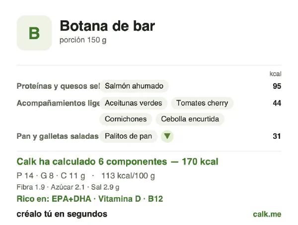 Ficha de Calk, versión menos calórica de Aperitivos de bar: 113 kcal por 100 g, proteínas/grasas/hidratos 33/42/25