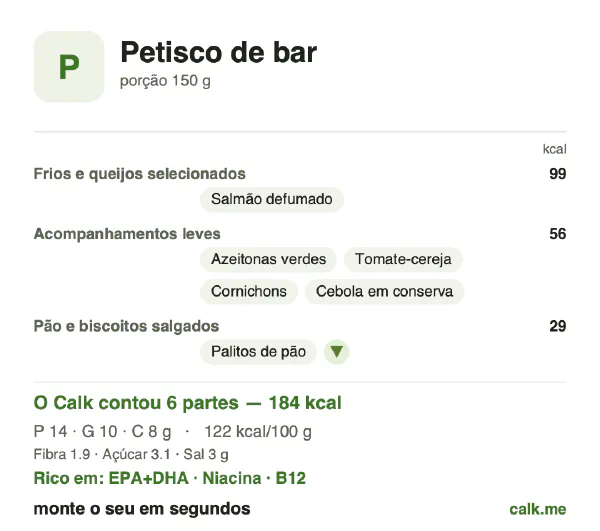 Cartão do Calk para a versão menos calórica de Petisco de bar: 122 kcal por 100 g, proteína/gordura/carboidratos 31/51/18
