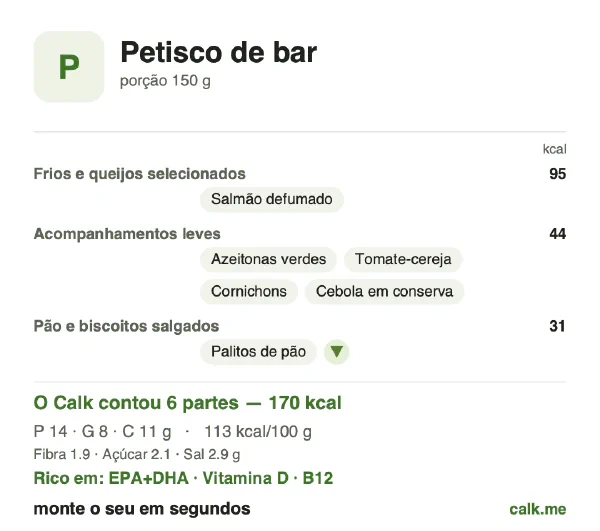 Cartão do Calk para a versão menos calórica de Petisco de bar: 113 kcal por 100 g, proteína/gordura/carboidratos 33/42/25