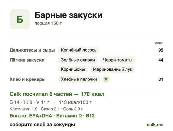 Карточка Calk, менее калорийный вариант Барные закуски: 113 ккал на 100 г, белки/жиры/углеводы 33/42/25