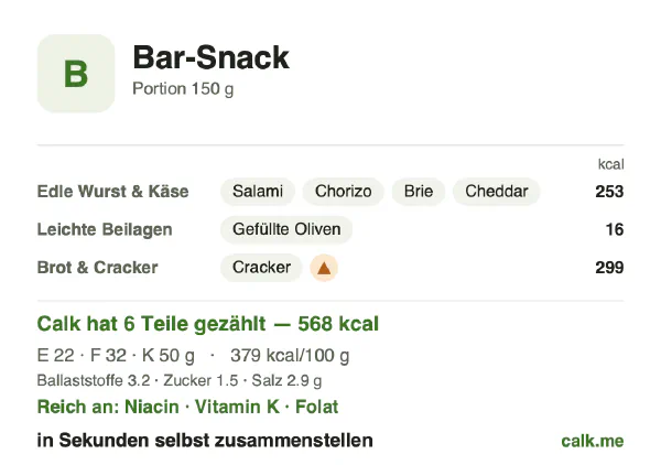 Calk-Karte für die kalorienreichere Variante von Bar-Snack: 379 kcal pro 100 g, Eiweiß/Fett/Kohlenhydrate 15/50/35
