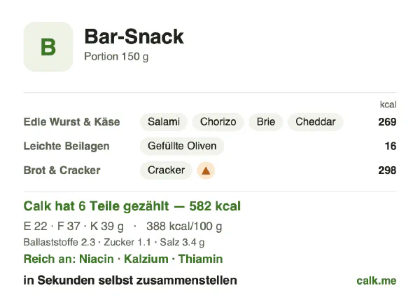 Calk-Karte für die kalorienreichere Variante von Bar-Snack: 388 kcal pro 100 g, Eiweiß/Fett/Kohlenhydrate 16/57/27