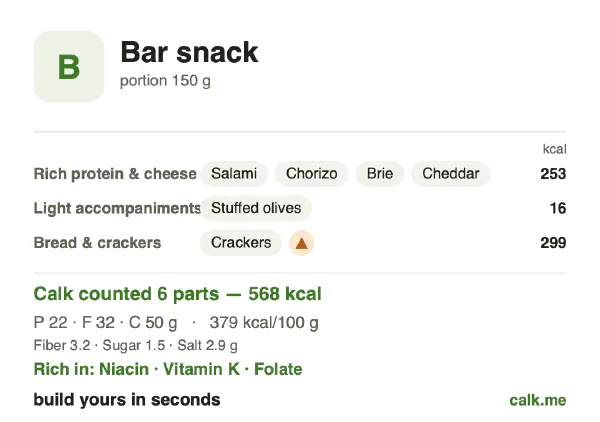 Higher calorie Calk card for Bar snack: 379 kcal per 100 g, protein/fat/carbs 15/50/35