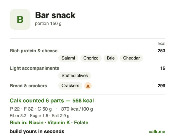 Higher calorie Calk card for Bar snack: 379 kcal per 100 g, protein/fat/carbs 15/50/35