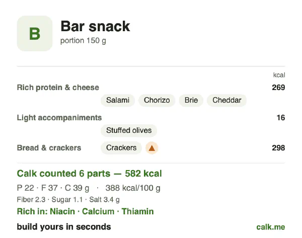 Higher calorie Calk card for Bar snack: 388 kcal per 100 g, protein/fat/carbs 16/57/27