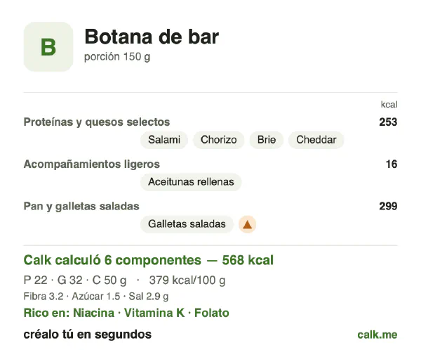 Tarjeta de Calk, versión más calórica de Snacks de bar: 379 kcal por 100 g, proteínas/grasas/carbohidratos 15/50/35