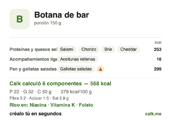 Tarjeta de Calk, versión más calórica de Snacks de bar: 379 kcal por 100 g, proteínas/grasas/carbohidratos 15/50/35