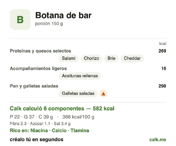 Tarjeta de Calk, versión más calórica de Snacks de bar: 388 kcal por 100 g, proteínas/grasas/carbohidratos 16/57/27