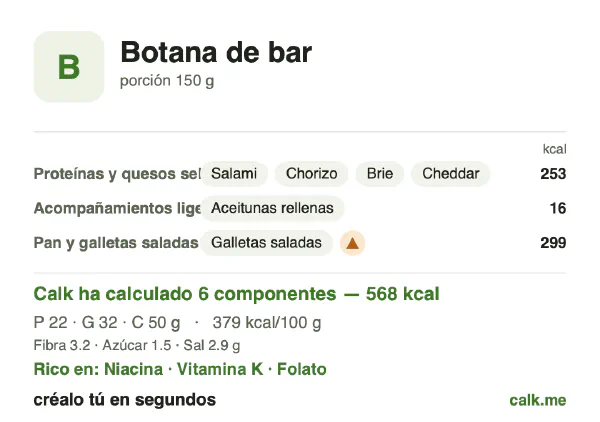 Ficha de Calk, versión más calórica de Aperitivos de bar: 379 kcal por 100 g, proteínas/grasas/hidratos 15/50/35