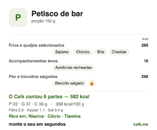 Cartão do Calk para a versão mais calórica de Petisco de bar: 388 kcal por 100 g, proteína/gordura/carboidratos 16/57/27