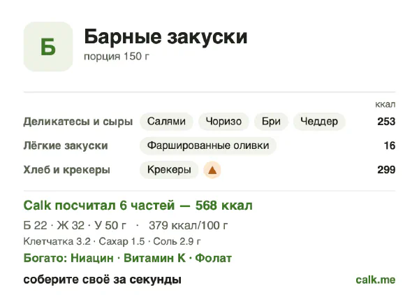 Карточка Calk, более калорийный вариант Барные закуски: 379 ккал на 100 г, белки/жиры/углеводы 15/50/35