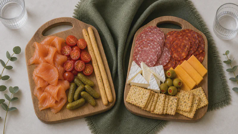 Bar snack board: lower- and higher-calorie Calk versions side by side