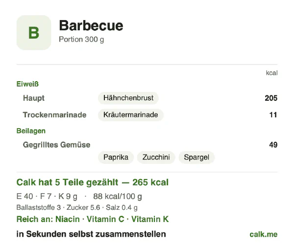 Calk-Karte für die kalorienärmere Variante von Barbecue: 88 kcal pro 100 g, Eiweiß/Fett/Kohlenhydrate 61/25/14