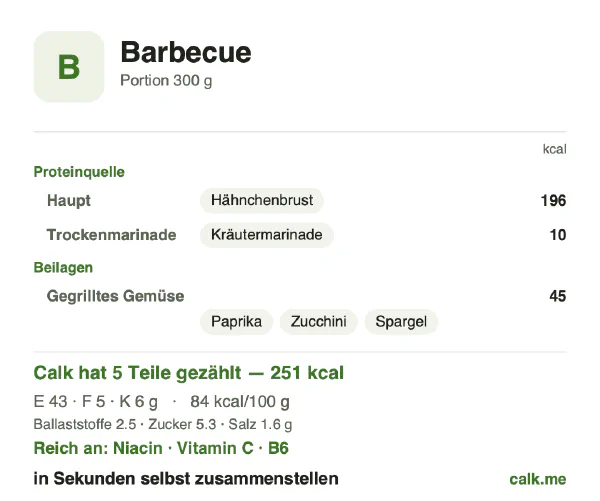 Calk-Karte für die kalorienärmere Variante von Barbecue: 84 kcal pro 100 g, Eiweiß/Fett/Kohlenhydrate 71/20/9
