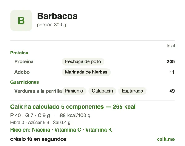 Ficha de Calk, versión menos calórica de Barbacoa: 88 kcal por 100 g, proteínas/grasas/hidratos 61/25/14