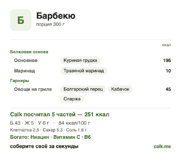 Карточка «Барбекю» в Calk — менее калорийный вариант: 84 ккал на 100 г, белки/жиры/углеводы 71/20/9