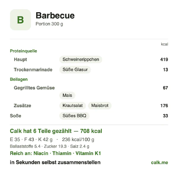 Calk-Karte für die kalorienreichere Variante von Barbecue: 236 kcal pro 100 g, Eiweiß/Fett/Kohlenhydrate 20/56/24
