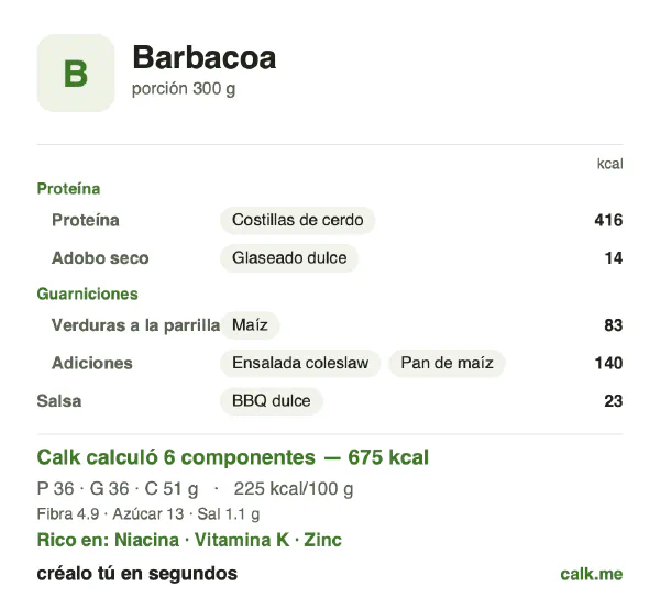 Tarjeta de Calk, versión más calórica de Barbacoa: 225 kcal por 100 g, proteínas/grasas/carbohidratos 22/48/30