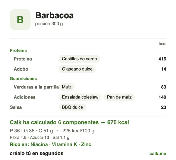 Ficha de Calk, versión más calórica de Barbacoa: 225 kcal por 100 g, proteínas/grasas/hidratos 22/48/30