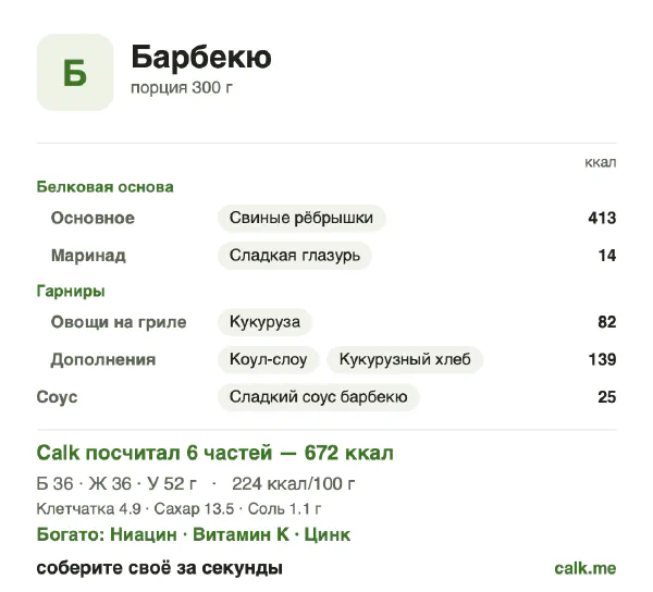 Карточка «Барбекю» в Calk — более калорийный вариант: 224 ккал на 100 г, белки/жиры/углеводы 21/48/31