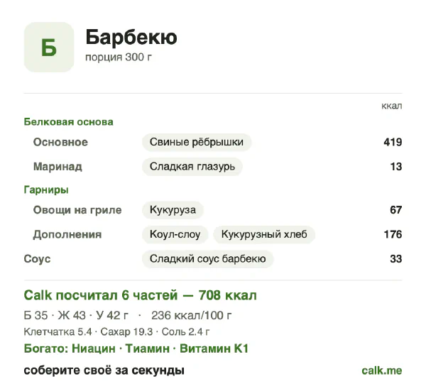 Карточка «Барбекю» в Calk — более калорийный вариант: 236 ккал на 100 г, белки/жиры/углеводы 20/56/24