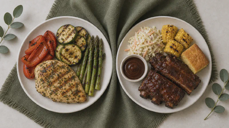 Barbecue plate: lower- and higher-calorie Calk versions side by side