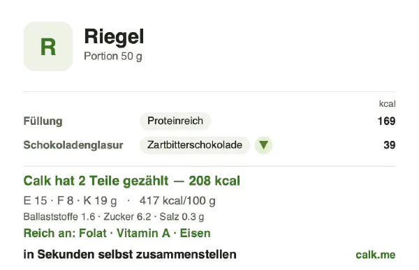 Calk-Karte für die kalorienärmere Variante von Riegel: 417 kcal pro 100 g, Eiweiß/Fett/Kohlenhydrate 29/35/37