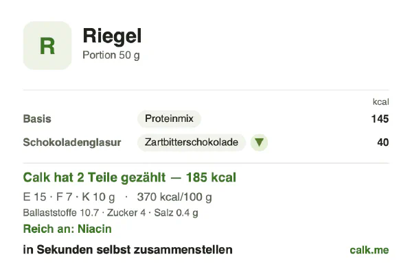 Calk-Karte für die kalorienärmere Variante von Riegel: 370 kcal pro 100 g, Eiweiß/Fett/Kohlenhydrate 36/40/24