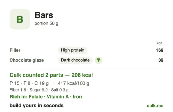 Lower calorie Calk card for Bars: 417 kcal per 100 g, protein/fat/carbs 29/35/37