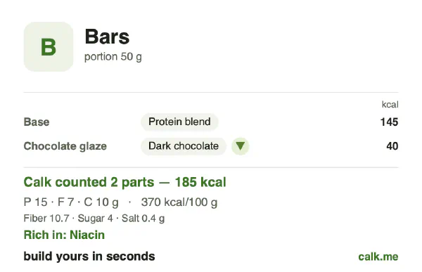 Lower calorie Calk card for Bars: 370 kcal per 100 g, protein/fat/carbs 36/40/24