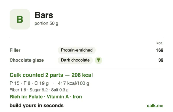 Lower calorie Calk card for Bars: 417 kcal per 100 g, protein/fat/carbs 29/35/37