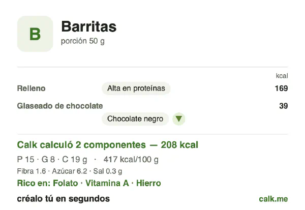 Tarjeta de Calk, versión menos calórica de Barritas: 417 kcal por 100 g, proteínas/grasas/carbohidratos 29/35/37