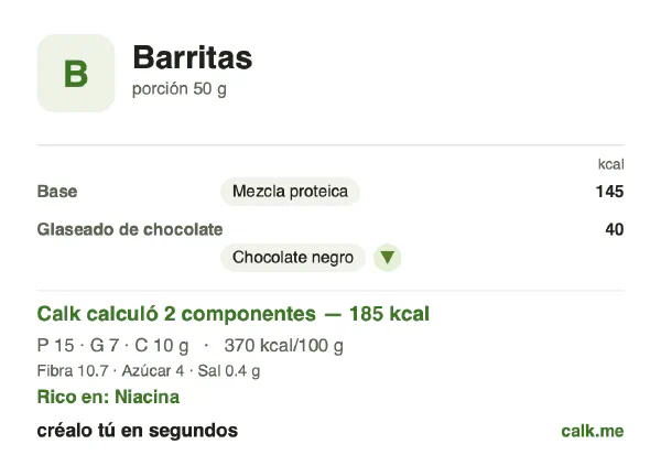Tarjeta de Calk, versión menos calórica de Barritas: 370 kcal por 100 g, proteínas/grasas/carbohidratos 36/40/24