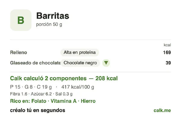 Tarjeta de Calk, versión menos calórica de Barritas: 417 kcal por 100 g, proteínas/grasas/carbohidratos 29/35/37