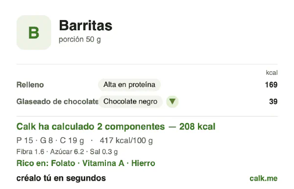 Ficha de Calk, versión menos calórica de Barritas: 417 kcal por 100 g, proteínas/grasas/hidratos 29/35/37