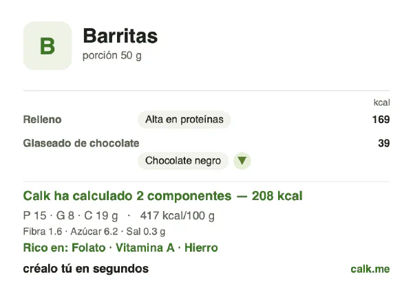 Ficha de Calk, versión menos calórica de Barritas: 417 kcal por 100 g, proteínas/grasas/hidratos 29/35/37