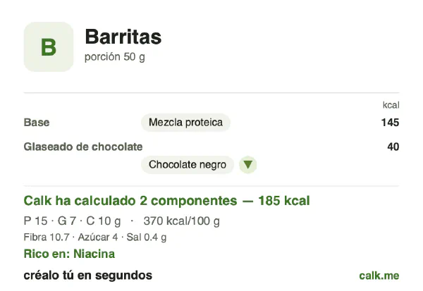 Ficha de Calk, versión menos calórica de Barritas: 370 kcal por 100 g, proteínas/grasas/hidratos 36/40/24